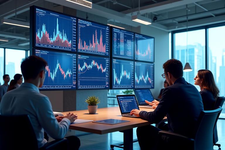 People collaborating in a modern office, screens displaying financial data