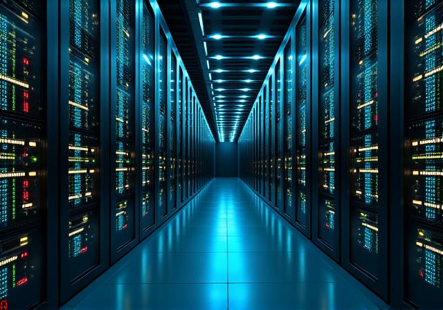 Server racks with glowing lights indicating data transfer