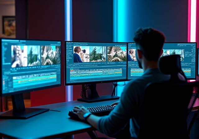 Professional video editing suite with multiple monitors